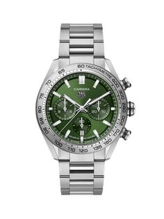 Часы-хронограф Carrera 44 мм из нержавеющей стали с автоматическим тахиметром и датой TAG Heuer, зеленый