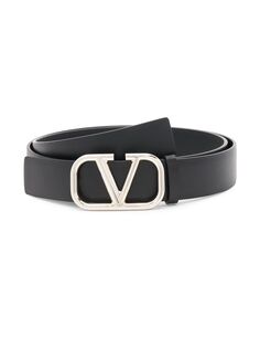 Кожаный ремень с V-образной пряжкой и логотипом Valentino Garavani, неро
