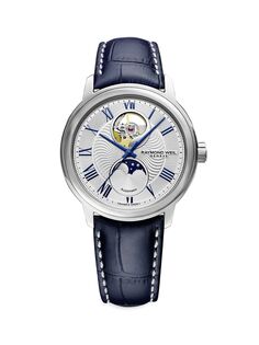 Темно-синие часы с кожаным ремешком Maestro Moonphase Raymond Weil, серебряный