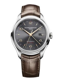 Часы Clifton Dual Time из нержавеющей стали с ремешком из кожи аллигатора Baume &amp; Mercier, серебряный