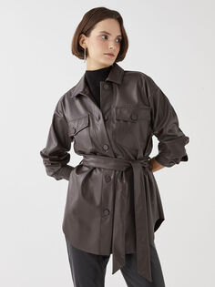 Прямая женская куртка-рубашка большого размера из кожи с длинными рукавами LCW Vision