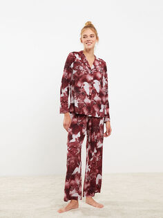 Женский пижамный комплект с длинным рукавом и узорчатым воротником-рубашкой LCW Dream