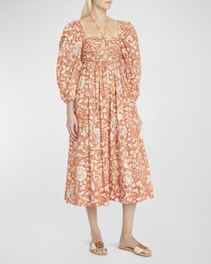 Платье миди из поплина с пышными рукавами и цветочным принтом Alessa Ulla Johnson