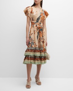 Поплиновое платье миди с принтом и поясом Remi Ulla Johnson
