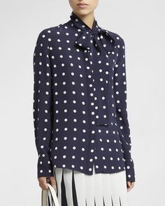 Крепдешиновая блуза в горошек с воротником-шарфом Valentino Garavani