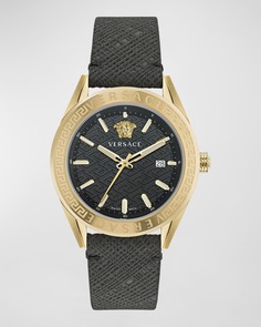 Мужские часы V-Code IP с кожаным ремешком из желтого золота, 42 мм Versace