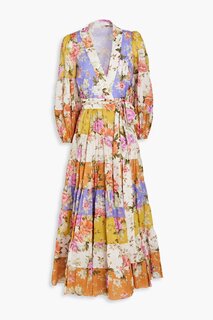 Платье Zimmermann Gathered Floral-print Cotton Midi Wrap, мультиколор
