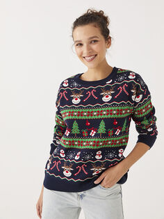 Женский трикотажный свитер с круглым вырезом и длинными рукавами в рождественской тематике LCW Casual