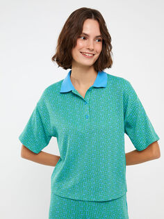 Женская футболка с короткими рукавами с вырезом поло и узором LCW Casual