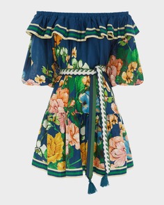 Льняное мини-платье Lyla с оборками и поясом с кисточками ALEMAIS AlÉmais