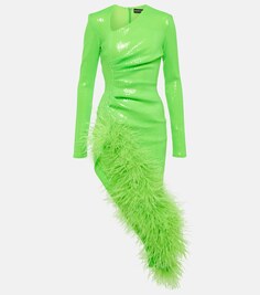 Платье миди с пайетками и отделкой перьями DAVID KOMA, зеленый