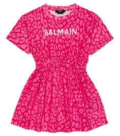 Платье из хлопка с леопардовым принтом Balmain, розовый