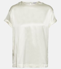 Атласная футболка из смесового шелка BRUNELLO CUCINELLI, бежевый