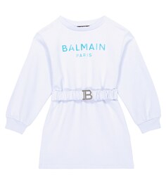 Платье-толстовка из хлопка с поясом и логотипом Balmain, серый