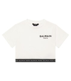 Укороченная футболка из хлопкового джерси с логотипом Balmain, белый