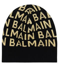 Шапка-бини из смесовой шерсти с логотипом Balmain, черный