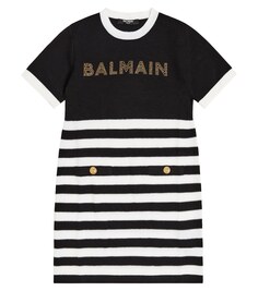 Полосатое платье из джерси с логотипом Balmain, черный