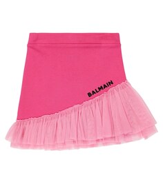 Хлопковая юбка с бахромой и логотипом Balmain, розовый
