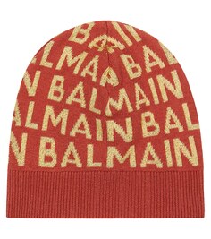 Шапка-бини из смесовой шерсти с логотипом Balmain, красный