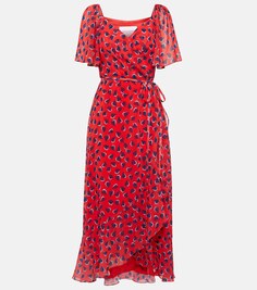Платье миди с запахом и принтом из жоржета CAROLINA HERRERA, красный