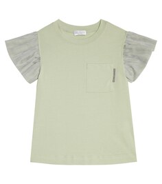 Хлопковая футболка с отделкой из тюля Brunello Cucinelli, зеленый