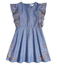 Платье из хлопкового шамбре с вышивкой Chloé, синий Chloe