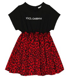 Платье из хлопка с леопардовым принтом и логотипом Dolce&amp;Gabbana, разноцветный