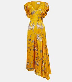 Атласное платье миди с цветочным принтом ERDEM, желтый