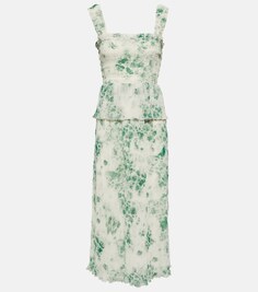 Платье миди из жоржета со складками и цветочным принтом GANNI, зеленый