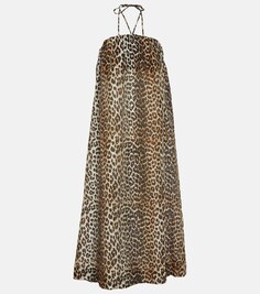 Платье макси из вуали с леопардовым принтом GANNI, разноцветный