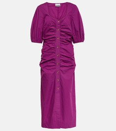Платье миди из хлопкового поплина со сборками GANNI, фиолетовый