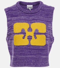 Укороченный свитер из смесовой шерсти с логотипом GANNI, фиолетовый