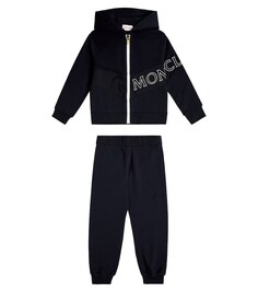 Хлопковая куртка на молнии с логотипом и спортивные штаны Moncler Enfant, синий