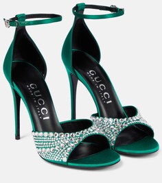 Атласные босоножки с кристаллами Gucci, зеленый