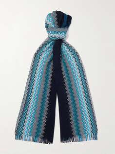 Вязаный крючком хлопковый шарф с бахромой MISSONI, синий