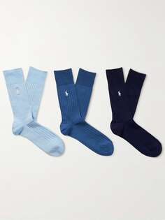 Три пары носков в рубчик из смесового хлопка с вышитым логотипом POLO RALPH LAUREN, синий