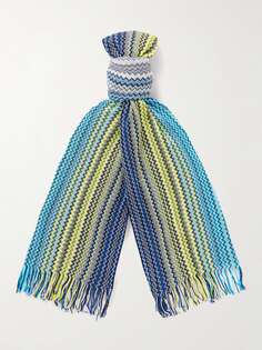 Вязаный крючком хлопковый шарф в полоску с бахромой MISSONI, синий