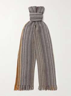 Вязаный крючком хлопковый шарф в полоску с бахромой MISSONI, серый