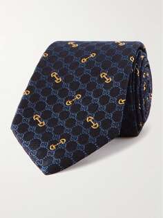 Шелковый жаккардовый галстук шириной 7 см с вышитым логотипом GUCCI, синий