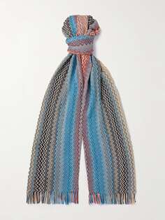 Вязаный крючком хлопковый шарф в полоску с бахромой MISSONI, синий