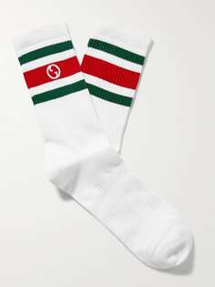 Полосатые носки с логотипом и интарсией из смесового хлопка в рубчик GUCCI, белый