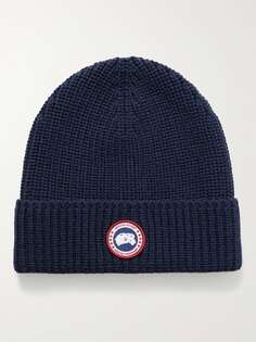 Шерстяная шапка в рубчик с аппликацией логотипа CANADA GOOSE, нави