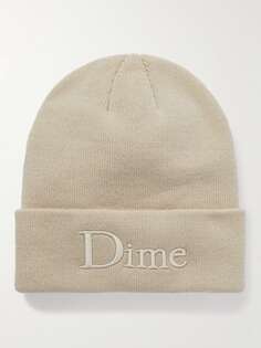 Классическая вязаная шапка в рубчик с вышитым логотипом DIME, бежевый