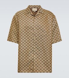 Рубашка с жаккардовым узором GG и льном Gucci, бежевый