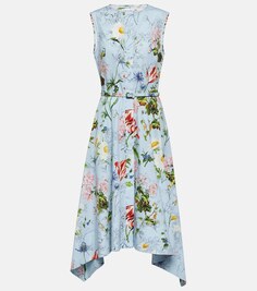 Платье миди из смесового хлопка с цветочным принтом OSCAR DE LA RENTA, синий