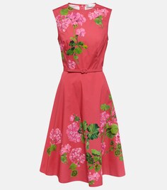 Платье миди из смесового хлопка с поясом и цветочным принтом OSCAR DE LA RENTA, розовый