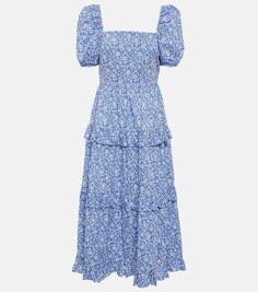 Хлопковое платье макси с открытыми плечами и цветочным принтом POLO RALPH LAUREN, синий