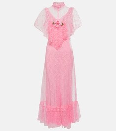 Платье макси из кружева с цветочной аппликацией RODARTE, розовый