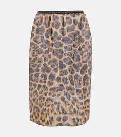 Шелковая юбка миди с леопардовым принтом и высокой посадкой SAINT LAURENT, коричневый