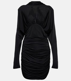 Мини-платье с длинными рукавами и драпировкой SAINT LAURENT, черный